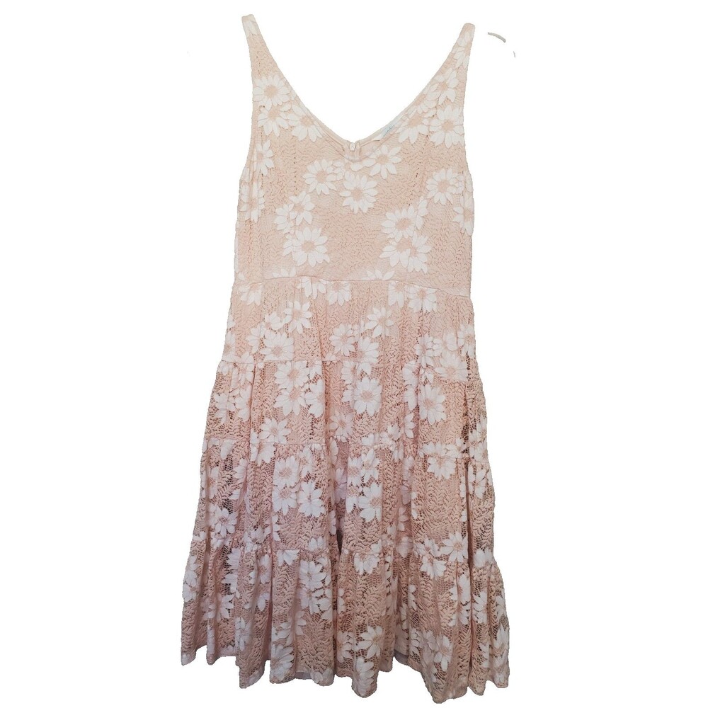 Sundance Pink Lace Overlay Tiered Floral Lined Fit & Flare Dress Size Medium